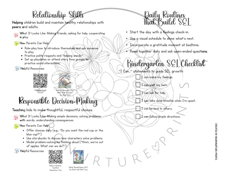 May include: A black and white printable worksheet with a floral design border. The worksheet is titled "Relationship Skills" and "Responsible Decision-Making". The worksheet includes tips for parents on how to help children develop social and emotional skills. The worksheet also includes a checklist titled "Kindergarten SEL Checklist" with statements like "I can name my feelings" and "I can follow simple directions".