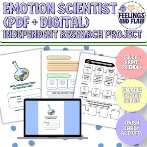 Peut inclure: Une ressource éducative intitulée "Emotion Scientist" avec le texte "(PDF + DIGITAL) INDEPENDENT RESEARCH PROJECT." L'image comprend des feuilles de travail, un ordinateur portable et des étiquettes circulaires colorées avec du texte tel que "Color + Print-Friendly" et "Fillable Google Slides."