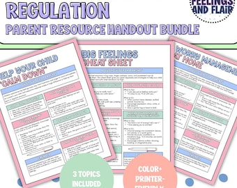 May include: A bundle of parent resource handouts on emotional and self-regulation. The pink and white handouts include guides on calming down, big feelings, and worry management. The text includes "Emotional and Self-Regulation" and "Parent Resource Handout Bundle."