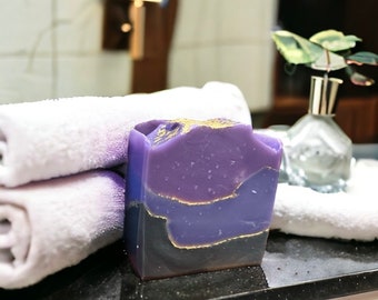 Regal Handcrafted Vegan Soap | Colored Soap Bar | Violet Scented Soap with Black, Purples, and Gold | Cerauno Soaps