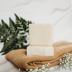 May include: Two white bars of soap stacked on top of each other, sitting on a folded brown fabric with white flowers scattered around them. A green fern is in the background.