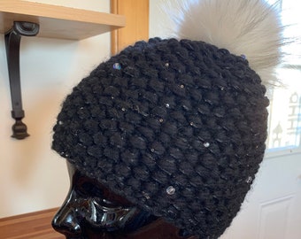 Handmade starry night slouchy beanie w/fur Pom Pom Starry Night Hand Knit Pom Pom Hat - Etsy main image 4