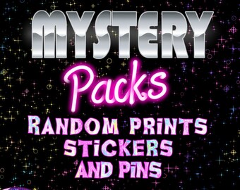 May include: A black background with a glittery effect. The text "SWEET STRANGE HEART" is in a white box with a black outline. The text "MYSTERY Packs" is in a silver box with a black outline. The text "RANDOM PRINTS STICKERS AND PINS" is in a pink box with a white outline. There are two colorful eyes on the left and right sides of the image.