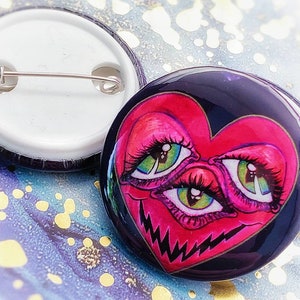 Three Eyed Heart Pin-back button 1.5 inch