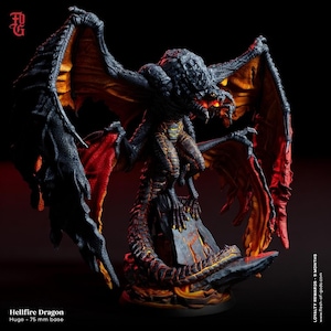 May include: A detailed figurine of a Hellfire Dragon with a 75 mm base. The dragon is predominantly black with fiery red and orange accents on its wings and body. The creature is posed with wings spread, set against a dark background.