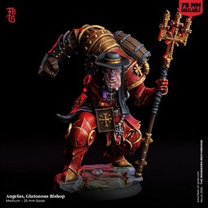 May include: A detailed miniature figure of Angelus, Glutonous Bishop, in a dynamic pose. The figure is predominantly red and gold, with a black hat and staff. The base is 25 mm. The text "75 MM AVAILABLE" is in the top right corner.