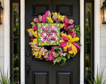 Pink Lemon Welcome Wreath for Front Door | Handmade Summer Wreath | Everyday Wreath | Farmhouse Porch Decor