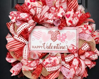 Valentine’s Day Wreath for Front Door | Red & Pink Heart Wreath | Handmade Valentine Door Decor
