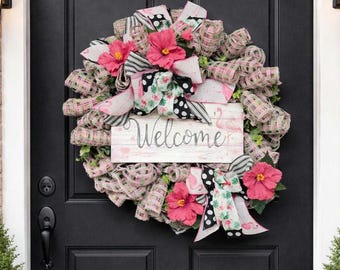 Flamingo Welcome Wreath • Pink Summer Door Wreath • Tropical Front Door Decor • Handmade Wreath