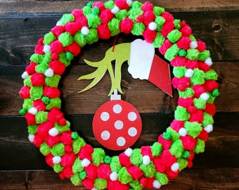 Red and Green Christmas Pompom Wreath