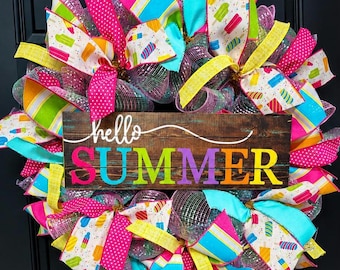 Summer Wreath for Front Door | Hello Summer Door Hanger | Handmade Wreath