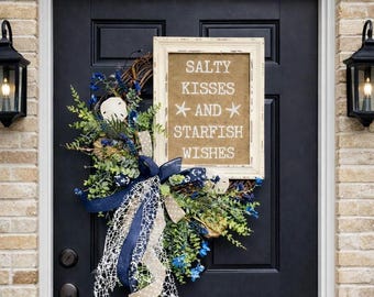Coastal Grapevine Wreath with Burlap Sign – “Salty Kisses and Starfish Wishes” Beach Front Door Decor, Handmade Nautical Wreath