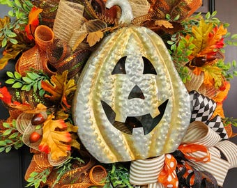 Fall Jack - O - Lantern Wreath | Halloween Wreath | Handmade Wreath