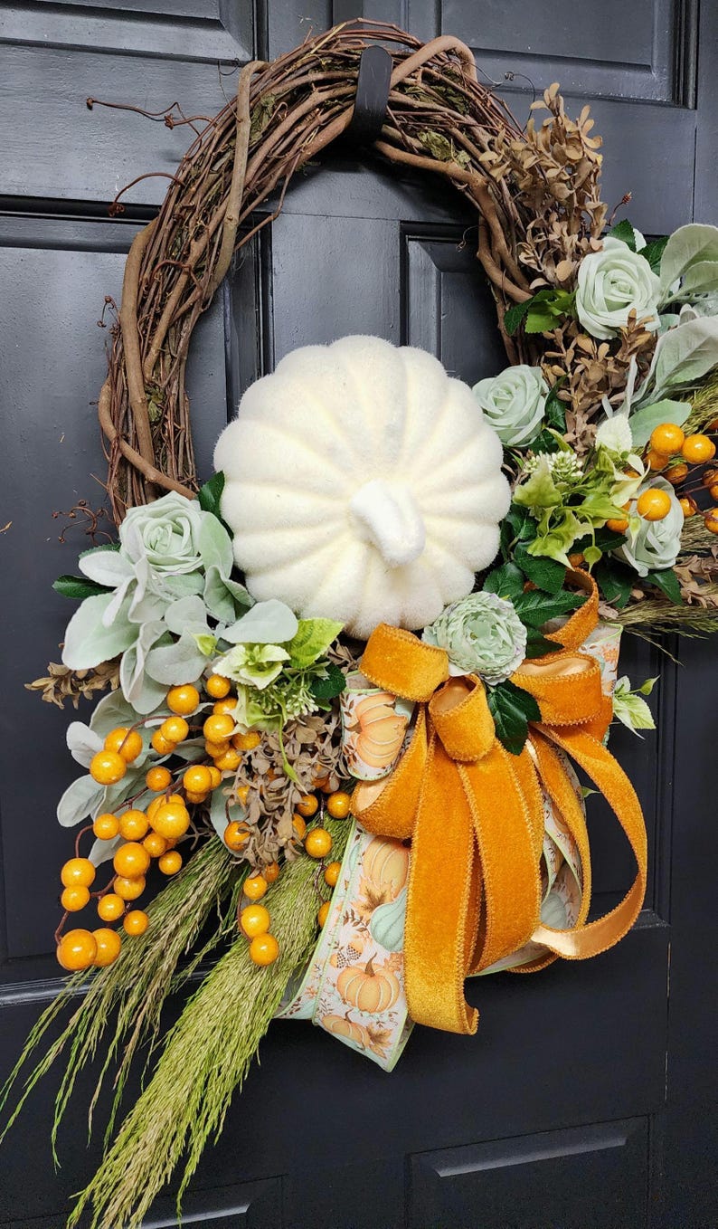 Fall Neutral Pumpkin and Floral Grapevine Wreath | Fall Decor | Handmade Wreath | Front Door Wreath image 1