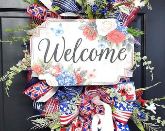 Patriotic Wreath for Front Door, Red White Blue Summer Wreath, 4th of July Decor, Americana Grapevine Wreath, Handmade Wreath.