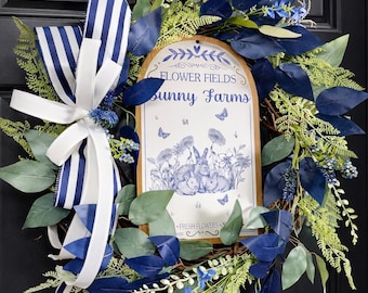 Easter Farmhouse Wreath with Bunny Sign | Blue Green Spring Front Door Wreath | Handmade Rustic Grapevine | Floral Cottage Decor