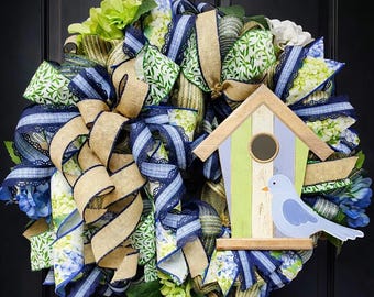Spring Birdhouse Wreath for Front Door, Blue Green Hydrangea Wreath, Farmhouse Front Door Wreath, Summer Door Decor, Handmade Welcome Wreath