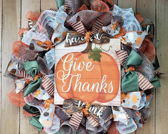 Thanksgiving Wreath, Fall Wreath, Pumpkin Wreath, Autumn Wreath, Give Thanks Wreath, DIY Wreath