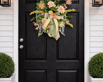 Handmade Peach Spring Wreath with Greenery, Angel Wing Door Wreath, Neutral Farmhouse Front Door Decor