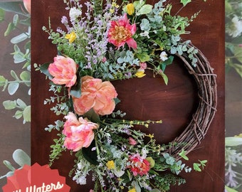 Spring Grapevine Wreath With Peonies, Wildflowers & Eucalyptus | Floral Wreath | Extra Large Front Door Wreath