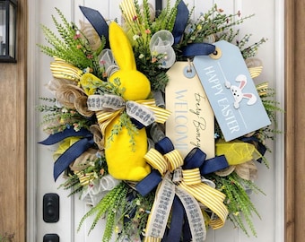 Handmade Easter Bunny Wreath for Front Door | Spring Bunny Door Hanger | Farmhouse Easter Decor | Yellow Bunny Wreath | Handmade Spring Door