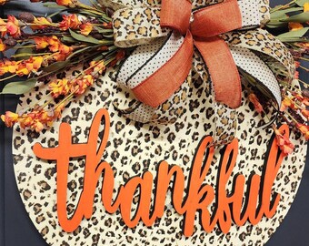 Thanksgiving Cheetah Print Door Hanger | Thankful Handmade Wreath | Fall Decor