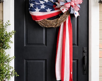 Patriotic Grapevine Wreath with American Flag Bow | 4th of July Front Door Wreath | Rustic Red White and Blue Decor | Handmade Wreath