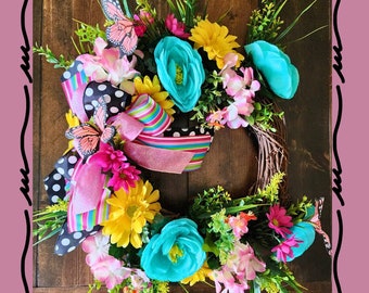 Summer Wreath; Sunflowers and Butterflies Wreath; Grapevine Wreath; Bright and Cheery Front Door Wreath