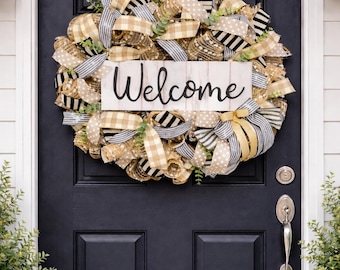 Farmhouse Welcome Wreath | Neutral Front Door Wreath | Everyday Door Decor | Rustic Ribbon Wreath | Housewarming Gift | Handmade