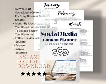 Social Media Content Planner, 52 Weeks Of Social Media Content To Grow and Engage Your Audience, For All Creators and Businesses.