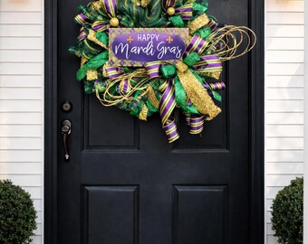 Mardi Gras Wreath for Front Door, Purple Green Gold Deco Mesh Wreath, Handmade Happy Mardi Gras Door Decor.