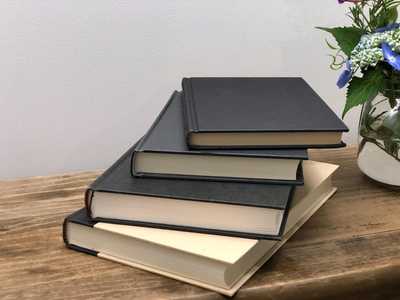 Pu&ograve; includere: Una pila di quattro libri con copertina rigida con copertine grigio scuro e pagine color crema. I libri sono disposti su una superficie di legno, con un vaso di fiori sullo sfondo. I libri sono di dimensioni variabili.