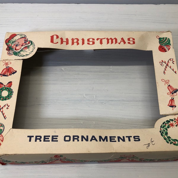 Vintage Christmas Tree Ornaments BOX TOP ONLY; Empty Christmas Diorama, Photo Frame Border; Vintage Junk Journal Christmas Illustrations