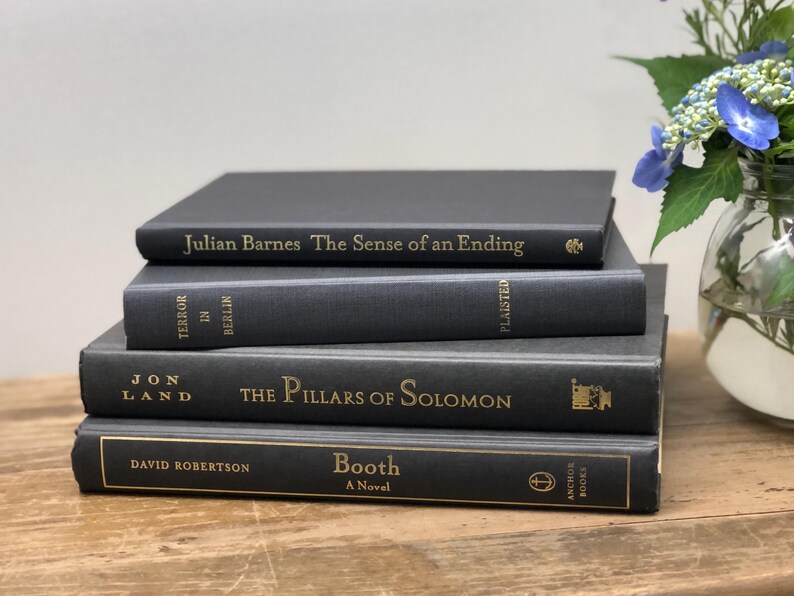 Pu&ograve; includere: Una pila di quattro libri con copertina rigida di colore grigio scuro. I titoli e gli autori sono stampati in lettere dorate. I libri sono "Julian Barnes The Sense of an Ending", "Terror in Berlin", "The Pillars of Solomon" e "Booth A Novel".