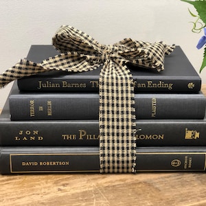 Pu&ograve; includere: Una pila di quattro libri grigio scuro legati con un nastro a scacchi bianco e nero. I titoli dei libri includono "Julian Barnes The", "Terror in Berlin", "Jon Land The Pilla" e "David Robertson". Un vaso di fiori blu &egrave; sullo sfondo.