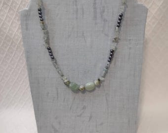 Handmade Hematite Green Prehnite Beaded Necklace 37 Inch Long Magnet Closure One of a Kind Gemstone Statement Boho Jewelry Gift