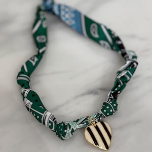 Striped Heart Charm| Bandana Necklace | Silk Scarf Necklace | Green Blue Bandana Print Necklace Black and White Stripe Chunky Heart Charm