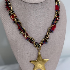 Holiday Tartan Plaid Star Pendant Necklace | Chunky Gold Silver Large Star Charm Necklace Statement Necklace Christmas Red Tartan