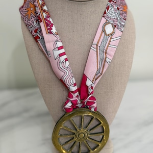 Vintage Horse Tack Brass Medallion Necklace Pink Equestrian Scarf Necklace Brass Vintage Wheel Design
