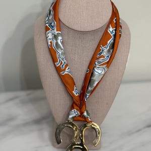 Vintage Horse Tack Brass Medallion Necklace Horseshoe Equestrian Scarf Necklace Brass Vintage Rust Orange Horse Scarf