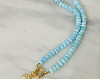 Gold Bow Charm Necklace: Light Blue Opal Jade Beaded Choker