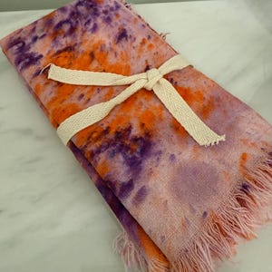 Hand Dyed Linen Napkins: Orange Purple Confetti Fringed Cloth - Set of 4