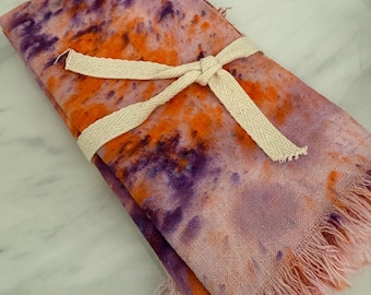 Set of 4 Hand Dyed Linen Napkins Set | Light Orange Purple Confetti Dyed Napkins| Fringed Cloth Napkins| Clemson Tigers Table Setting