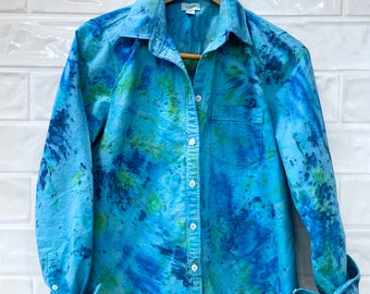 Hand Dyed Turquoise + Green Confetti Button Up Shirt | Women's Button Down Oxford Shirt Speckle Dyed | Ladies Long Sleeve Shirt