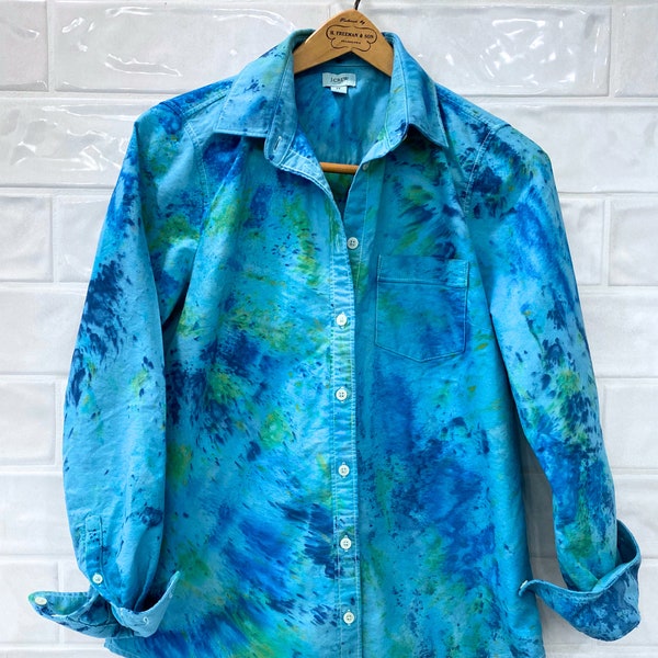 Hand Dyed Turquoise + Green Confetti Button Up Shirt | Women's Button Down Oxford Shirt Speckle Dyed | Ladies Long Sleeve Shirt