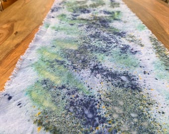 Lagoon Hand Dyed Linen Table Runner | Confetti Dyed Light Blue Green Palette| Table Linens| Wedding & Party Table Decor