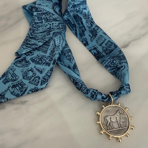 Equestrian Coin Charm Scarf Necklace| Bandana Jewelry | Blue Vintage Print Scarf Necklace Horse Charm