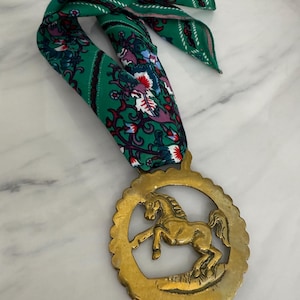 Green and Gold Horse Scarf Necklace| Bandana Charm Necklace |Scarf Necklace Vintage Gold Brass Equestrian Hardware Medallion