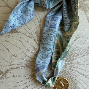 Gold Bee Scarf Necklace| Bandana Jewelry | Blue Green Vintage Style Scarf Necklace Crown Charm