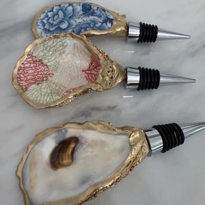 Natural Oyster Shell Painted Wine Stopper | Gold Hand Painted Oyster Shell Decor | Coastal Hostess Gift
